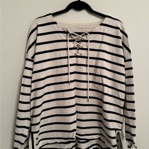 Talbots Black and White Striped Lace-Up Top